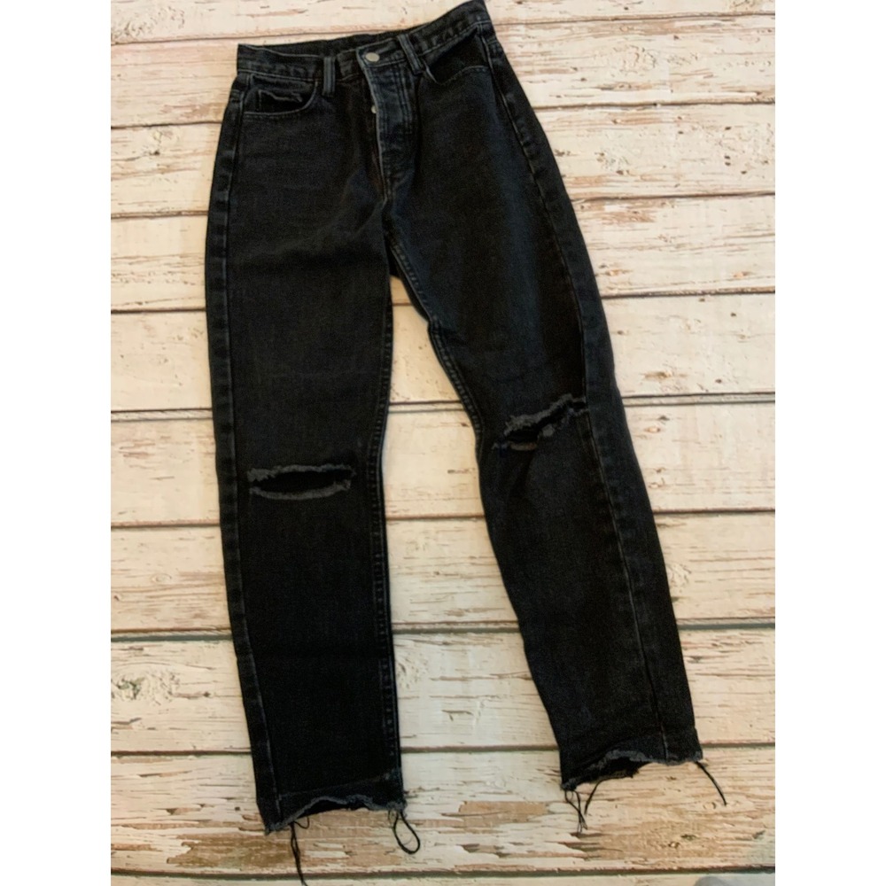 Princess Polly Black High Waisted Distressed‎ Straight Leg Jeans US 2 Frayed Hem